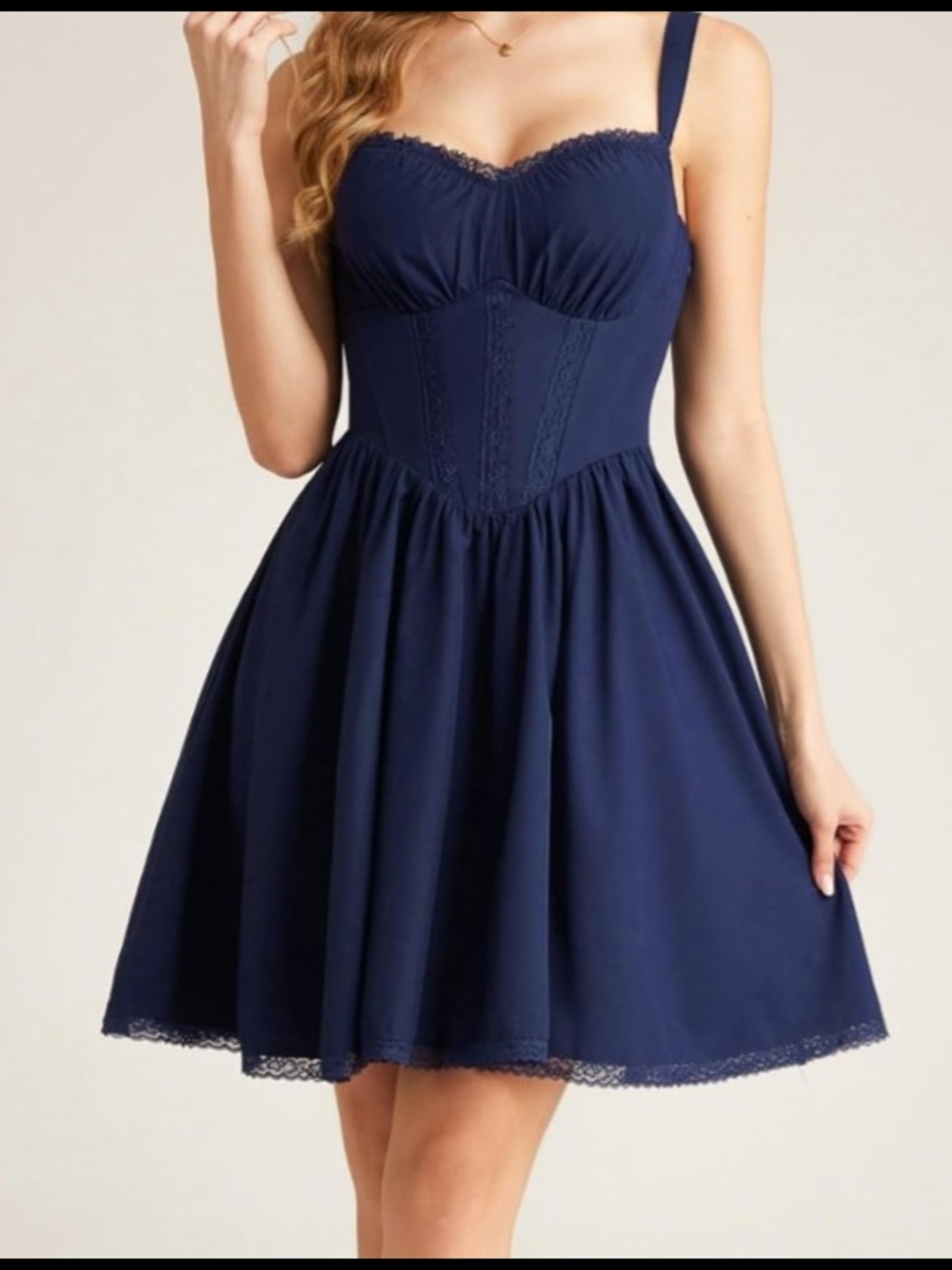 Navy Fit-and-Flare Dress with Pockets And Lace Trim